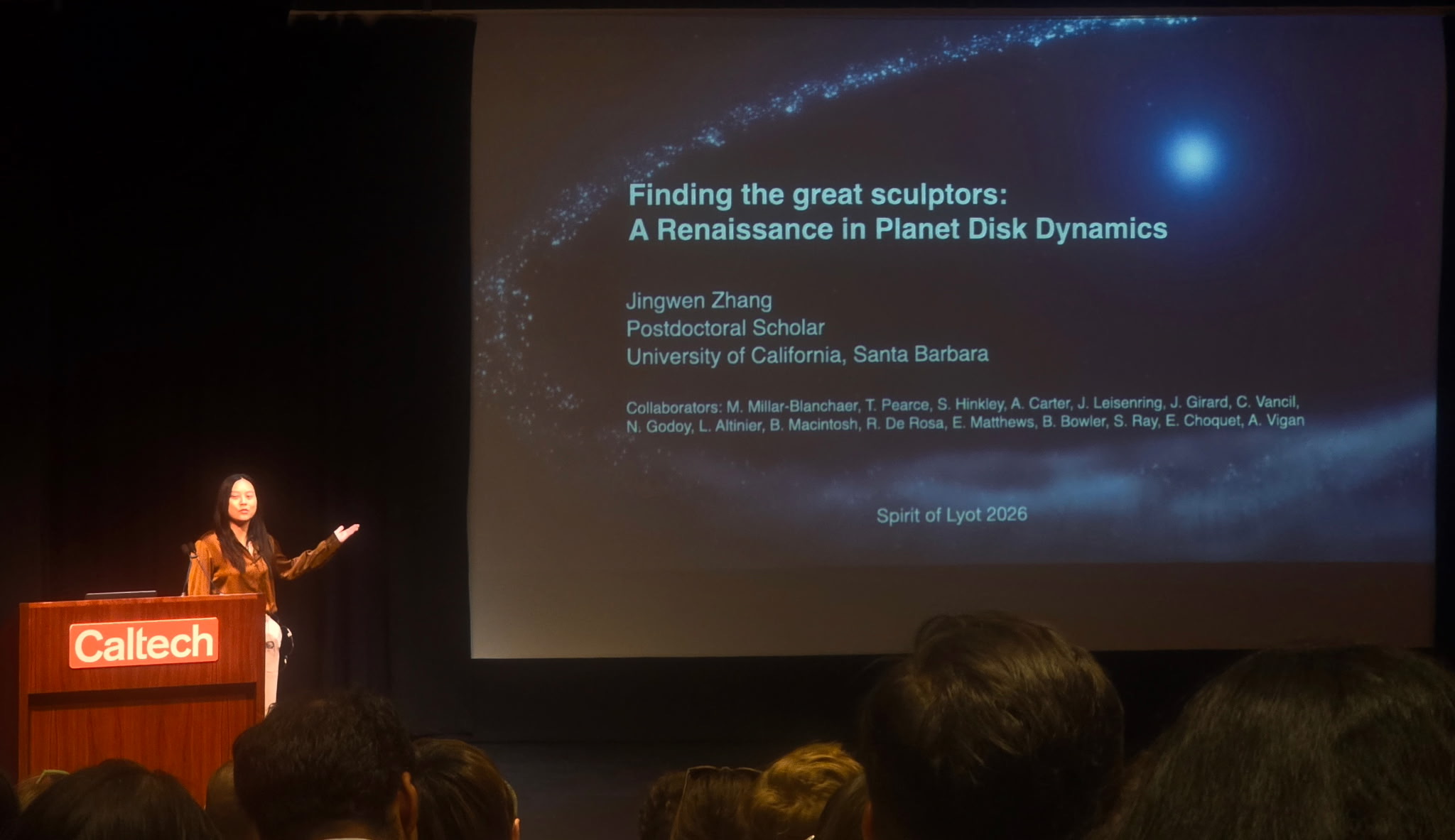 Jingwen giving a presentation at Caltech.